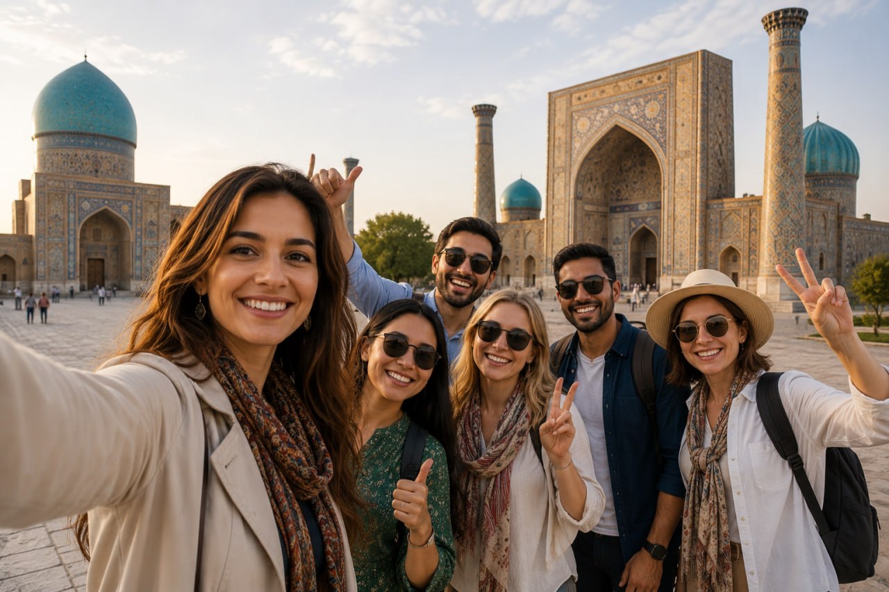 Happy travelers in Uzbekistan